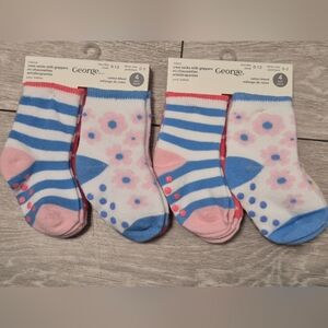 2 Packs Of George 4pairs Infant Crew Socks With Grippers. 0-12m/Shoe Size 0-3